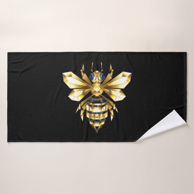 Faux Gold Foil Logo Bee Polygonal on Black Bath Towel (Bath Towel)