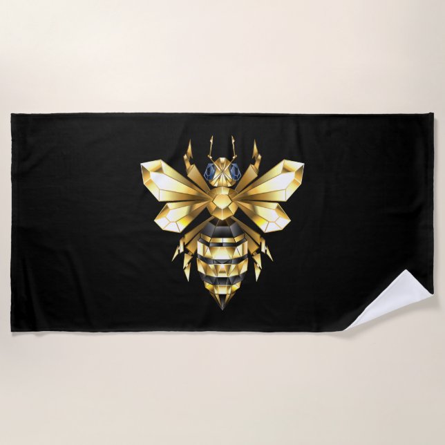 Faux Gold Foil Logo Bee Polygonal on Black Beach Towel (Front)