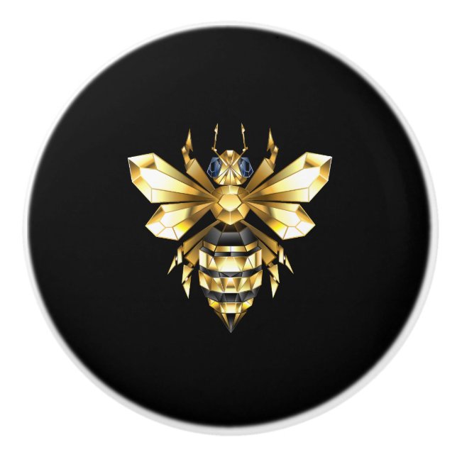 Faux Gold Foil Logo Bee Polygonal on Black Ceramic Knob (Front)