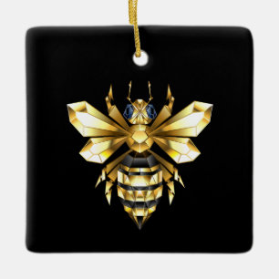 Faux Gold Foil Logo Bee Polygonal on Black Ceramic Ornament