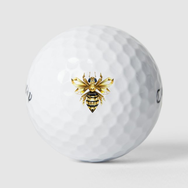 Faux Gold Foil Logo Bee Polygonal on Black Golf Balls (Front)