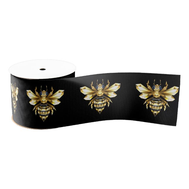 Faux Gold Foil Logo Bee Polygonal on Black Grosgrain Ribbon (Spool)