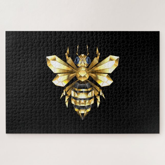 Faux Gold Foil Logo Bee Polygonal on Black Jigsaw Puzzle (Horizontal)