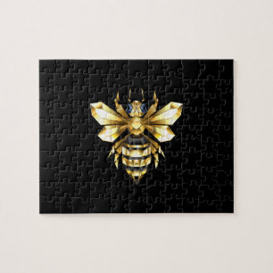 Faux Gold Foil Logo Bee Polygonal on Black Jigsaw Puzzle