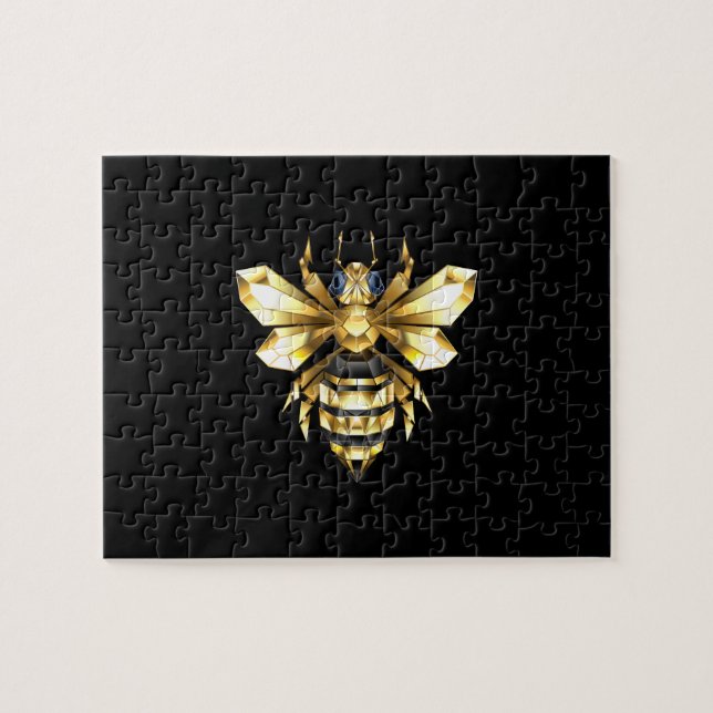 Faux Gold Foil Logo Bee Polygonal on Black Jigsaw Puzzle (Horizontal)