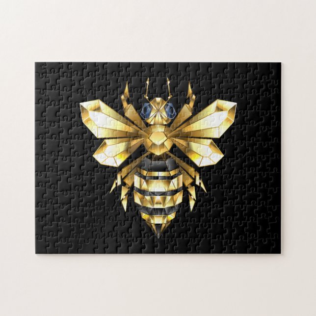 Faux Gold Foil Logo Bee Polygonal on Black Jigsaw Puzzle (Horizontal)