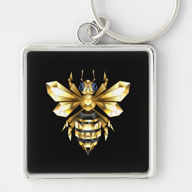 Faux Gold Foil Logo Bee Polygonal on Black Key Ring (Front)