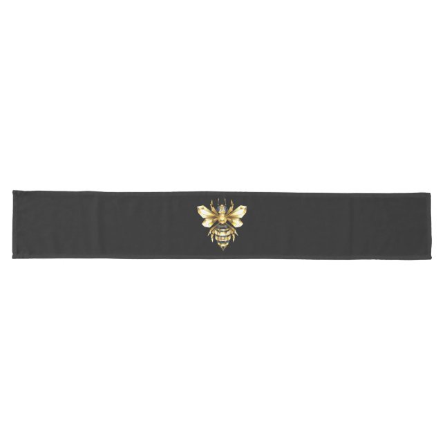 Faux Gold Foil Logo Bee Polygonal on Black Long Table Runner (Horizontal)
