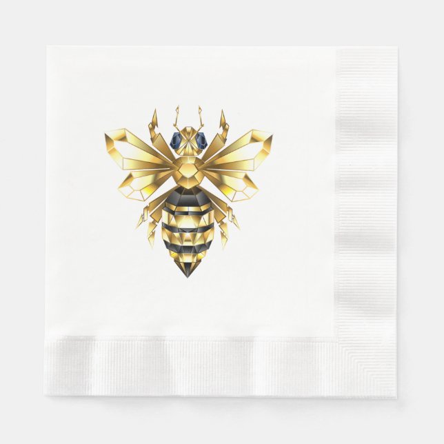 Faux Gold Foil Logo Bee Polygonal on Black Napkin (Front)