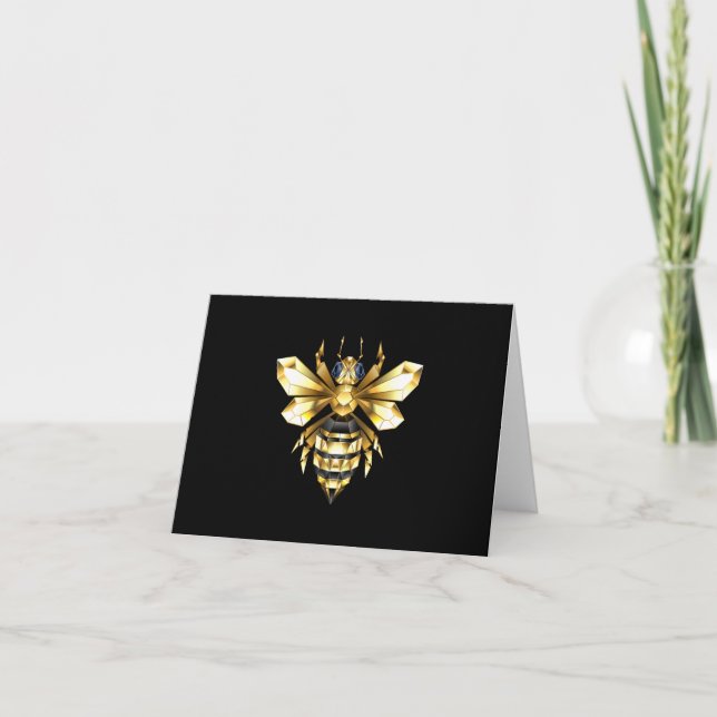 Faux Gold Foil Logo Bee Polygonal on Black Note Card (Front)