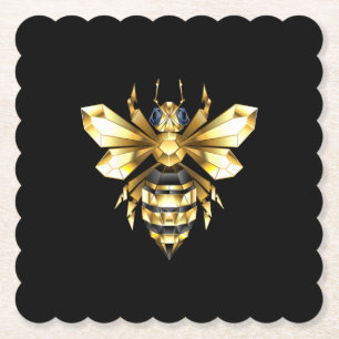 Faux Gold Foil Logo Bee Polygonal on Black Paper Coaster