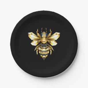 Faux Gold Foil Logo Bee Polygonal on Black Paper Plate