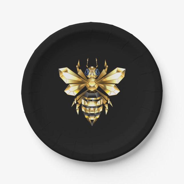 Faux Gold Foil Logo Bee Polygonal on Black Paper Plate (Front)
