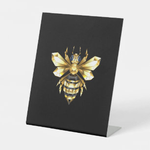 Faux Gold Foil Logo Bee Polygonal on Black Pedestal Sign