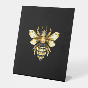 Faux Gold Foil Logo Bee Polygonal on Black Pedestal Sign