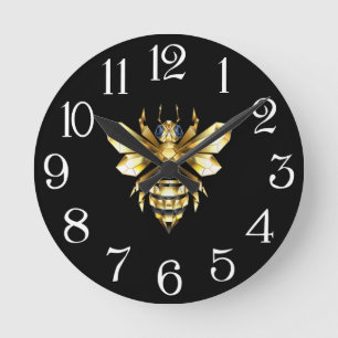 Faux Gold Foil Logo Bee Polygonal on Black Round Clock