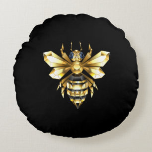 Faux Gold Foil Logo Bee Polygonal on Black Round Cushion