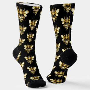 Faux Gold Foil Logo Bee Polygonal on Black Socks