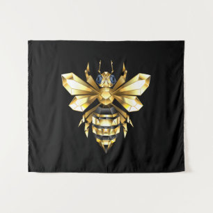 Faux Gold Foil Logo Bee Polygonal on Black Tapestry