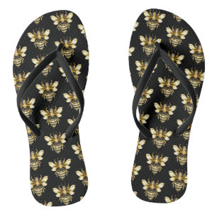 Faux Gold Foil Logo Bee Polygonal on Black Thongs