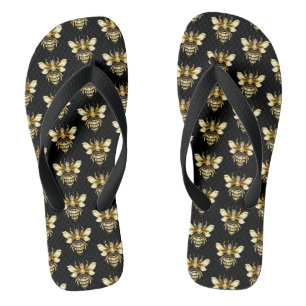 Faux Gold Foil Logo Bee Polygonal on Black Thongs