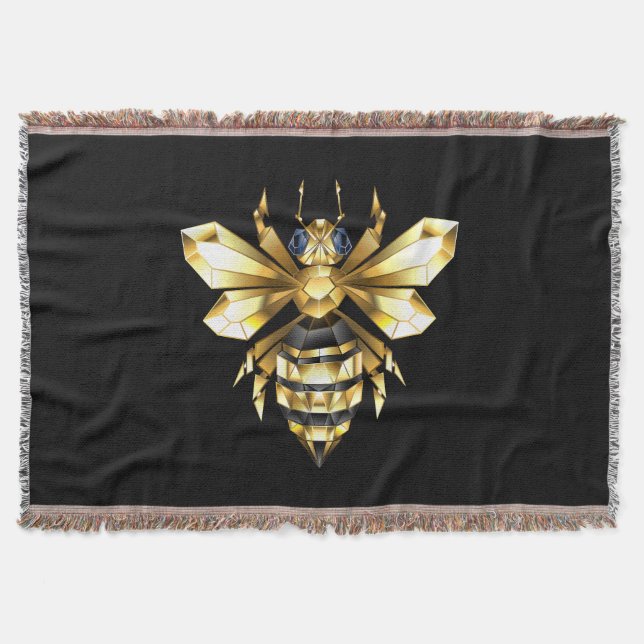 Faux Gold Foil Logo Bee Polygonal on Black Throw Blanket (Front)
