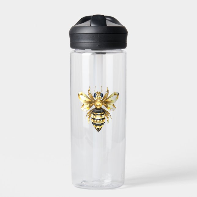 Faux Gold Foil Logo Bee Polygonal on Black Water Bottle (Front)