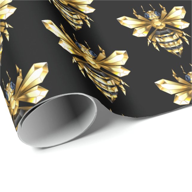 Faux Gold Foil Logo Bee Polygonal on Black Wrapping Paper (Roll Corner)
