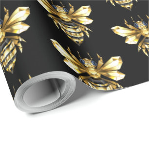 Faux Gold Foil Logo Bee Polygonal on Black Wrapping Paper