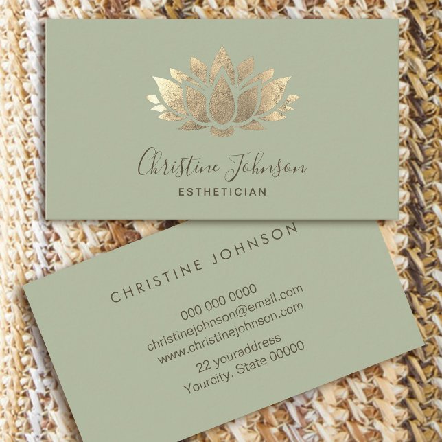 faux gold foil lotus logo on sage green business card (Creator Uploaded)