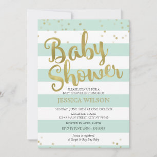 Faux Gold Foil, Mint Green Stripes Baby Shower Invitation