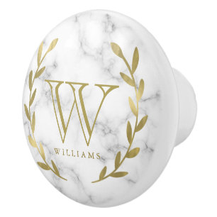 Faux Gold Foil Monogram on Marble Texture Ceramic Knob