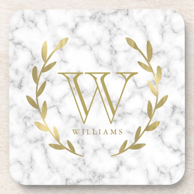 Faux Gold Foil Monogram on Marble Texture Coaster (Front)