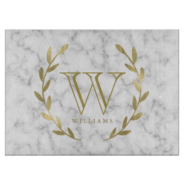 Faux Gold Foil Monogram on Marble Texture Cutting Board (Front)
