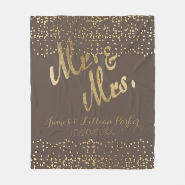 Faux Gold Foil "Mr. & Mrs." Monogram Wedding Fleece Blanket (Front)