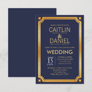 Faux Gold Foil Navy Blue Elegant Script Wedding Invitation