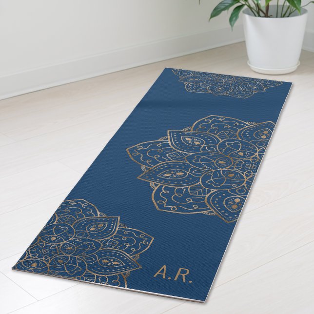 Faux Gold Foil On Dark Blue Mandala With Initials Yoga Mat (Creator Uploaded)