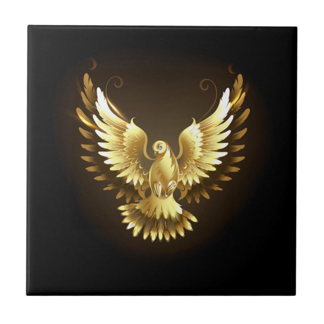 Faux Gold Foil Peace Dove on Black Ceramic Tile (Front)