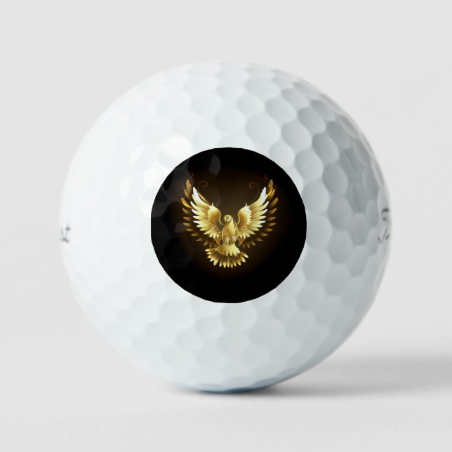 Faux Gold Foil Peace Dove on Black Golf Balls (Front)