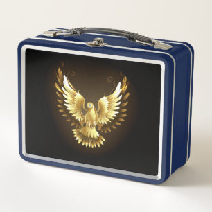 Faux Gold Foil Peace Dove on Black Metal Lunch Box