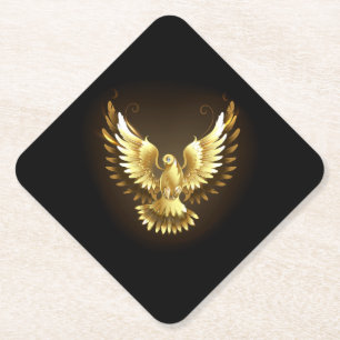 Faux Gold Foil Peace Dove on Black Paper Coaster