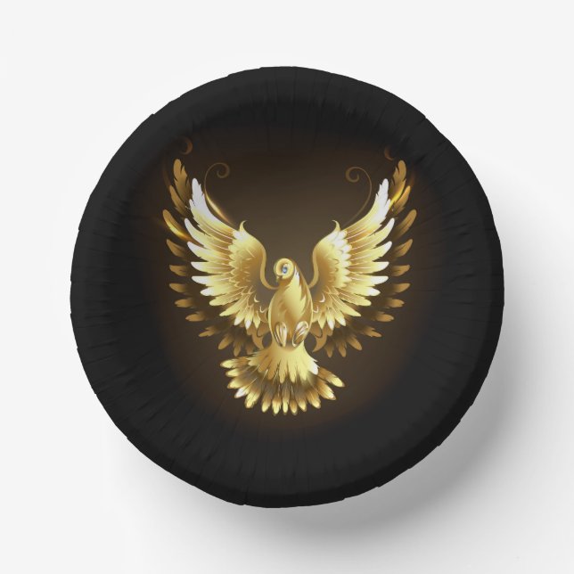Faux Gold Foil Peace Dove on Black Paper Plate (Front)