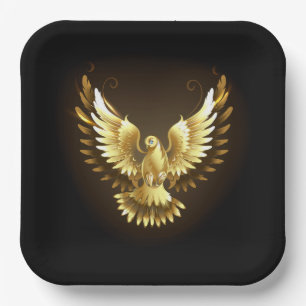 Faux Gold Foil Peace Dove on Black Paper Plate