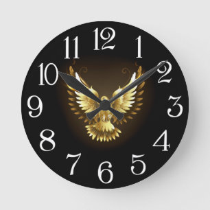 Faux Gold Foil Peace Dove on Black Round Clock