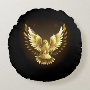 Faux Gold Foil Peace Dove on Black Round Cushion