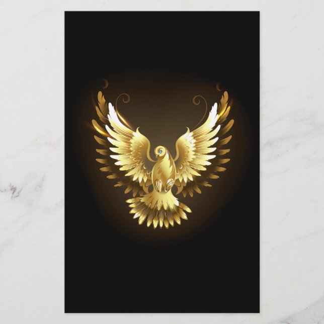 Faux Gold Foil Peace Dove on Black Stationery (Front)