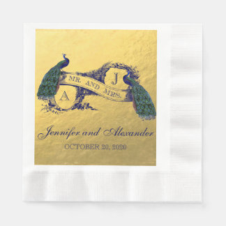 Faux Gold Foil Peacock Wedding Paper Napkins