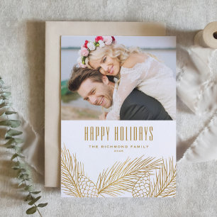 Faux Gold Foil Pine Needles and Pine Cones Photo Holiday Card