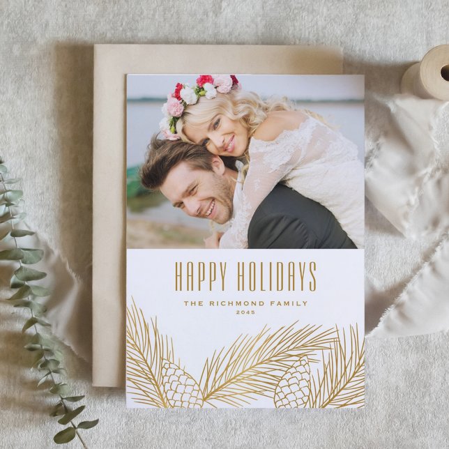 Faux Gold Foil Pine Needles and Pine Cones Photo Holiday Card (Creator Uploaded)