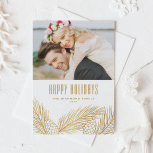 Faux Gold Foil Pine Needles and Pine Cones Photo Holiday Postcard